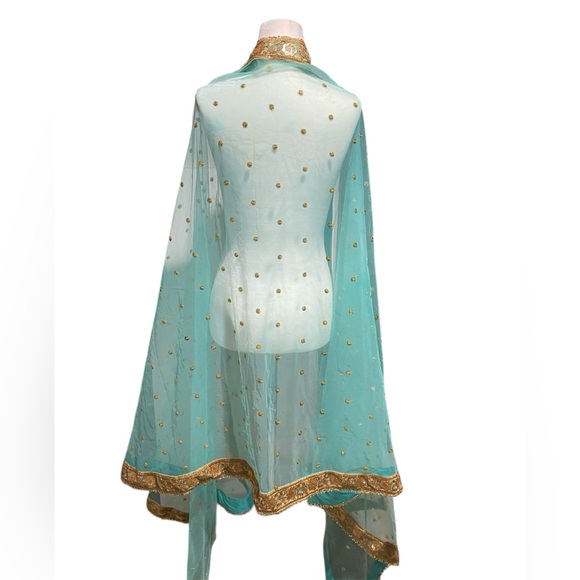 Elegant Gold-Trimmed Sheer Indian Shawl Dupatta Zari Seafoam Green - Picture 2 of 3
